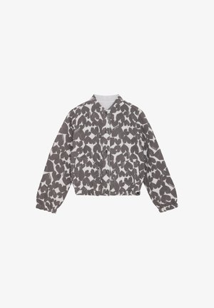 Quiltet bomberjakke i grå og hvidt bladmønster, med rund hals, trykknapper og elastiske manchetter og kant.