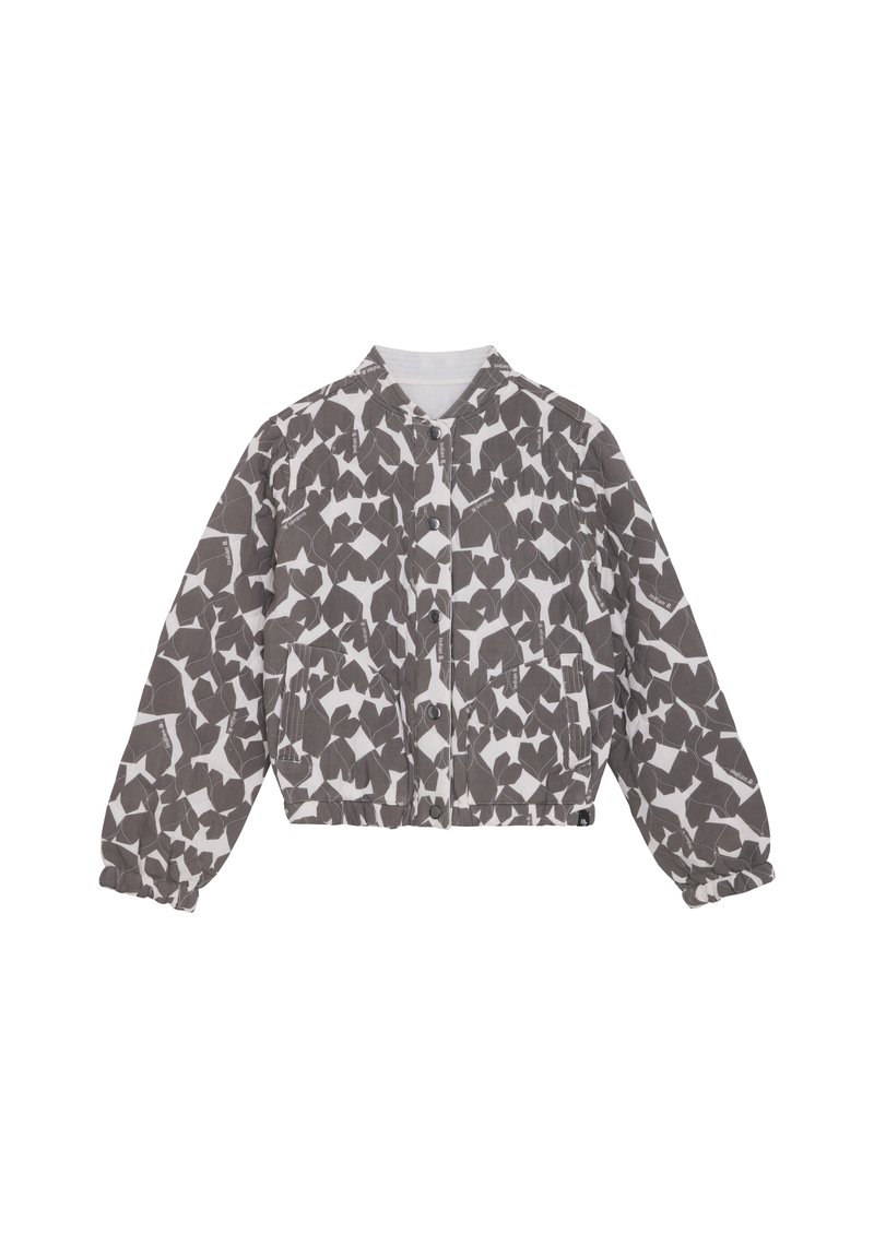 Kurtka bombka pikowana w szarym i białym wzorze liści, z okrągłym dekoltem, zatrzaskami oraz elastycznymi mankietami i dołem.