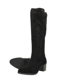 Botas de ante negras hasta la rodilla con un tacón grueso, que presentan una textura suave, un diseño minimalista y un botón decorativo en la parte superior.