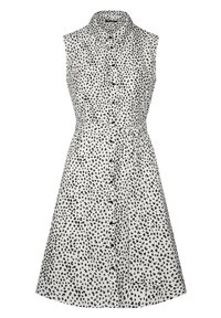 Robe sans manches blanche avec un imprimé abstrait noir, dotée d'un devant à boutons, d'une ceinture à la taille et d'une silhouette évasée en forme de A.