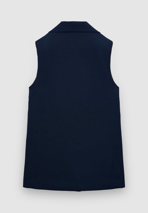 Marineblaues ärmelloses Weste mit spitzem Kragen, klaren Linien und glatter Textur. Keine sichtbaren Nähte oder Verzierungen.