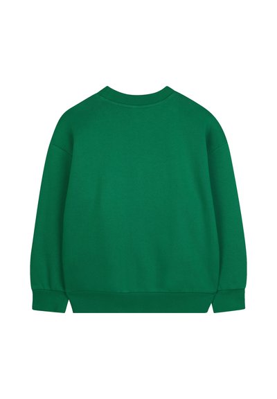 Zielona bluza z okrągłym dekoltem, z ribbowanymi mankietami i hemem. Wykonana z teksturowanej tkaniny, charakteryzująca się luźnym krojem i obniżonymi szwami ramion.