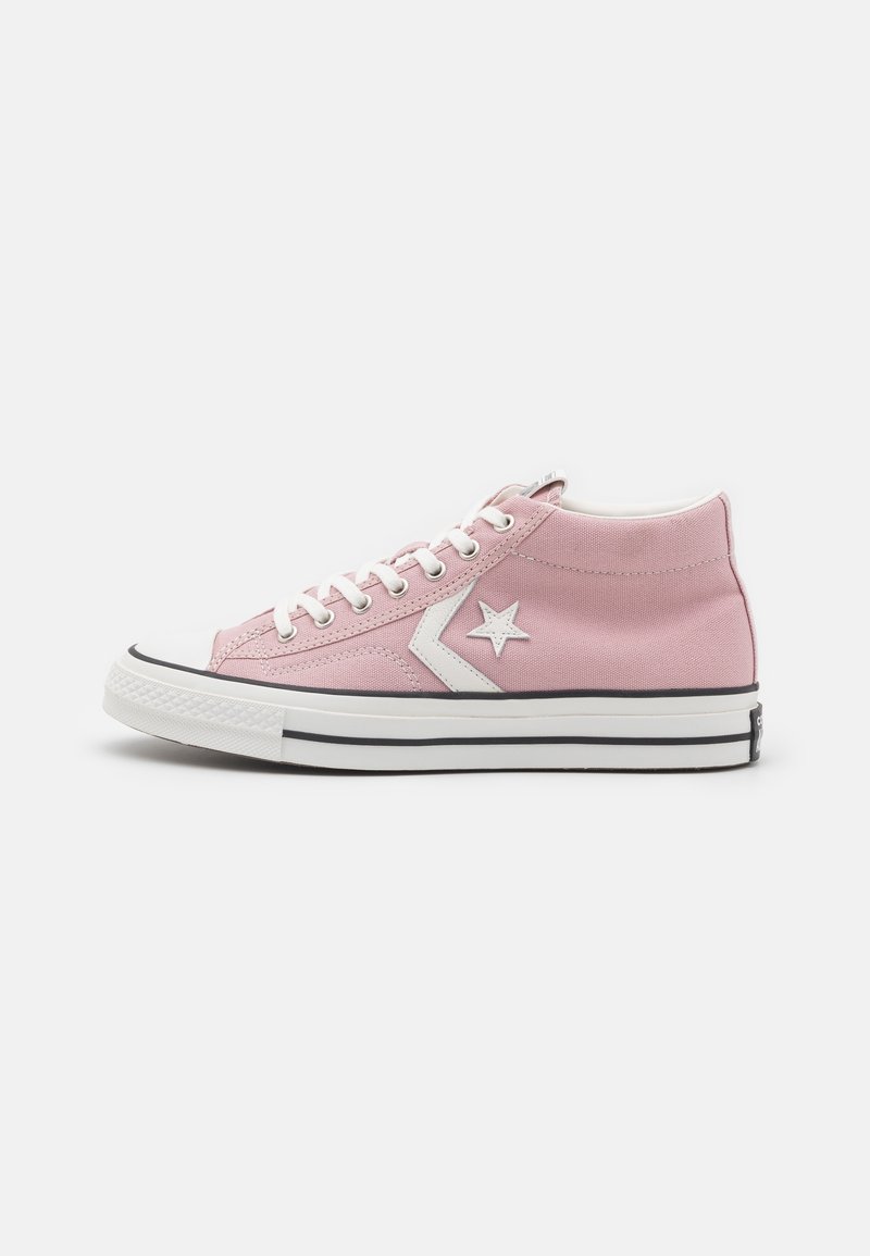 Pink high-top sneakers made of canvas, featuring a white star logo, white laces, black outsole, and contrasting black stripe detail.