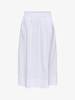 Balta, iki kulkšnių ilgio sijonas su elastinga juosmens juosta ir tiesiu, laisvu kirpimu.