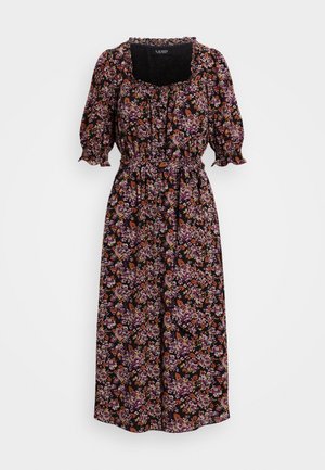 Midikurzes schwarzes Kleid mit lila und orangefarbenem Blumenmuster, kurzen Puffärmeln, quadratischem Ausschnitt und Bindegürtel in der Taille.