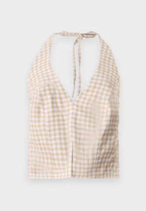 Beige and white gingham cropped halter top with a deep V-neck, tie-back closure, and slight texture. Two small front seams add detail.