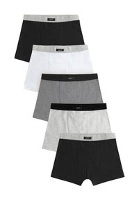 Lot de boxers noirs, blancs et gris. Chacun est doté d'une ceinture élastique douce et d'une coupe ajustée. Le matériau semble extensible et lisse.