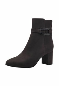 Bottine en suède noir avec un bout pointu, un talon carré et des détails en double sangle avec des accents brillants. Surface texturée, design élégant.