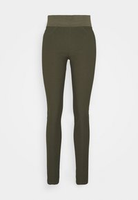 Olivově zelené legíny s širokým strukturovaným pasem mají dvě přední kapsy a přiléhavý, hladký design.