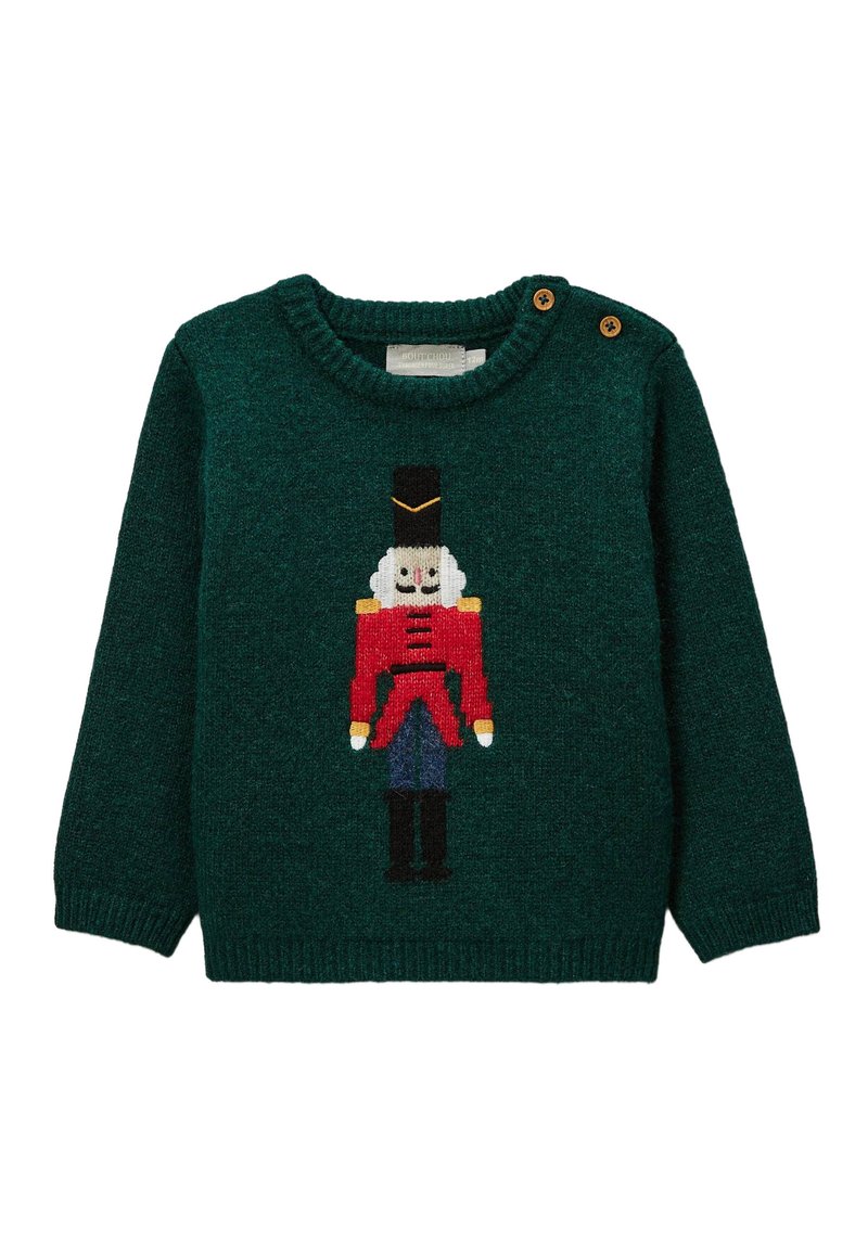 Pull en maille verte avec un motif de casse-noisette en rouge, noir, blanc et bleu, doté d'un col rond et d'une fermeture à deux boutons sur l'épaule.