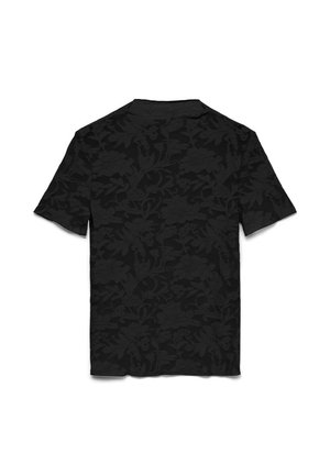 T-shirt noir à manches courtes avec un subtil motif jacquard floral, présenté de dos sur fond blanc.