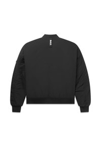 Black bomber jacket with a smooth texture, ribbed collar and cuffs, elastic hem, and logo tag at the back. Features padded sleeves.