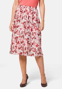 Plissé midi-rok met een bloemenpatroon in tinten van rood, roze en crème; elastische tailleband; lichtgewicht stof; rechte zoom.