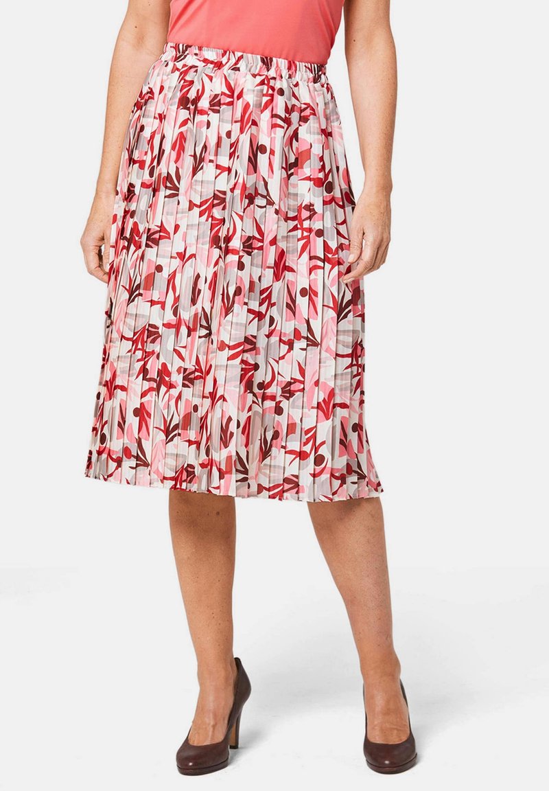 Plissé midi-rok met een bloemenpatroon in tinten van rood, roze en crème; elastische tailleband; lichtgewicht stof; rechte zoom.