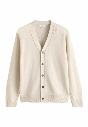 Cardigan lavorato a maglia color crema con maniche lunghe, scollo a V, cinque bottoni marroni sul davanti e orli e polsini a coste.