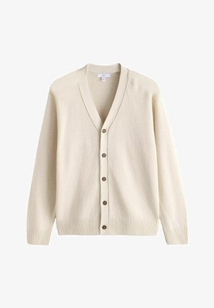 Cardigan lavorato a maglia color crema con maniche lunghe, scollo a V, cinque bottoni marroni sul davanti e orli e polsini a coste.