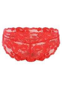 Czerwone koronkowe majtki z kwiatowymi wzorami, przezroczystym materiałem, falbaniastymi krawędziami i zakrytym tyłem. Miękka i lekka tekstura.