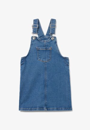 Abito in denim con bretelle regolabili, tasca frontale e un colore blu sbiadito con una texture liscia.