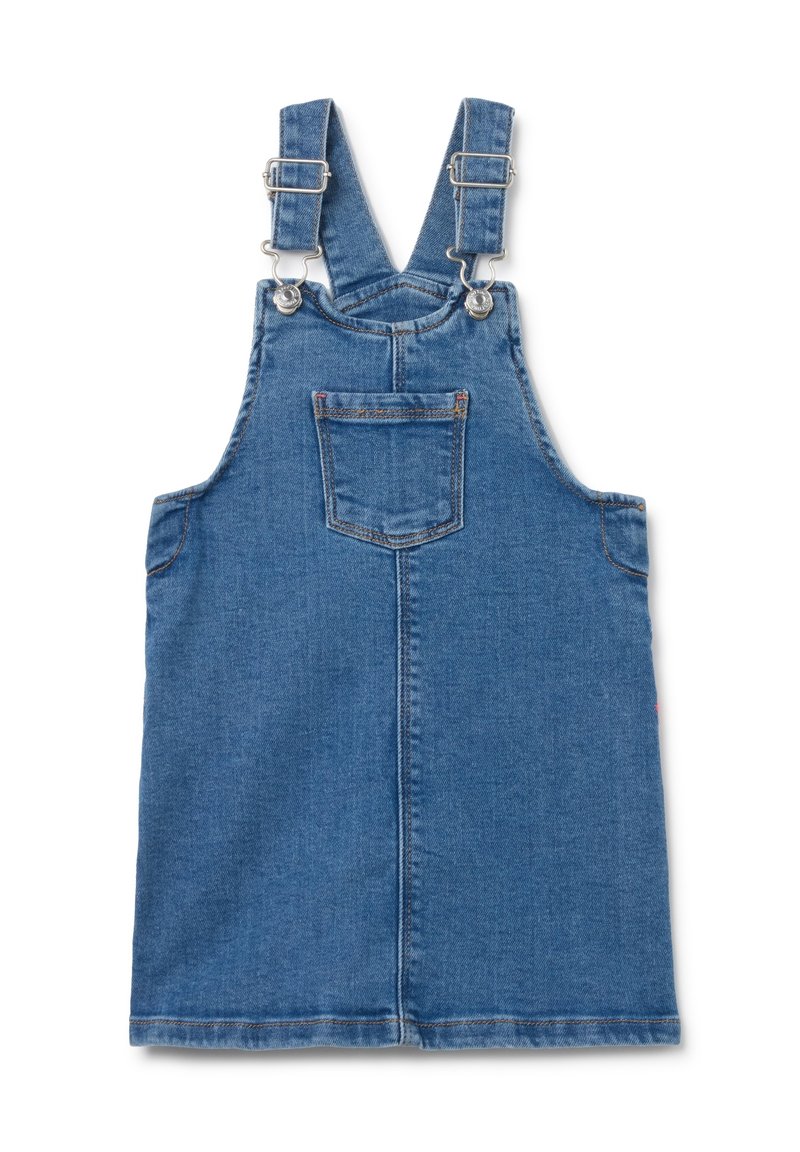 Denim salopette jurk met verstelbare bandjes, een voorkantzak en een vervaagde blauwe kleur met een gladde textuur.