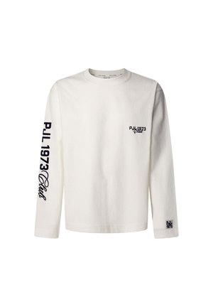 Valge pika varrukaga T-särk puuvillast, millel on tumesinised triibud varrukatel ja rinnal koos "PJL 1973 Club" tekstiga ja logodetailiga.