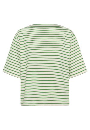 T-shirt rayé blanc et vert. Manches courtes, coupe carrée, encolure large. Confectionné en coton doux, avec des rayures horizontales régulières.