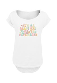 White, short-sleeve t-shirt with a round neckline. Features multicolored text reading "It's a beautiful day to smash the patriarchy."