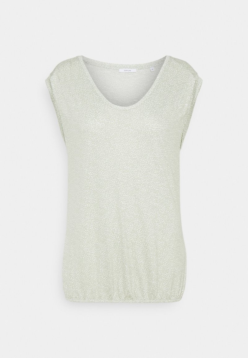 Světlá zelená bezrukávová blůza s jemným bílým tečkovaným vzorem a zaobleným výstřihem, detail s elastickým lemem.