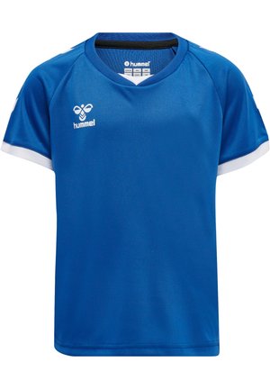 Niebieska sportowa koszulka z krótkim rękawem z białym wykończeniem na rękawach, dekoltem w serek i białym logo Hummel na lewej piersi.