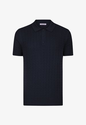 Marineblaue Polo-Shirt mit kurzen Ärmeln, strukturiertem Kabelstrickmuster, drei Knöpfen am Kragen sowie gerippten Bündchen und Saum.