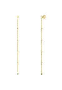 Zlate uhane v obliki verige z dolgim, ozkim dizajnom, ki ima majhne geometrijske акценты in turkizne kamenčke na koncih.