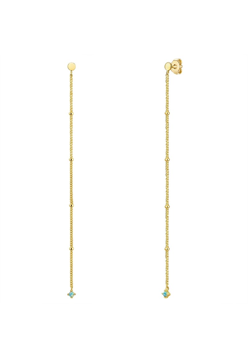 Zlate uhane v obliki verige z dolgim, ozkim dizajnom, ki ima majhne geometrijske акценты in turkizne kamenčke na koncih.