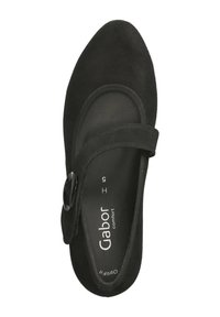 Black suede Mary Jane shoe with a round toe, adjustable strap, and decorative buckle. Inside features soft lining and brand logo.