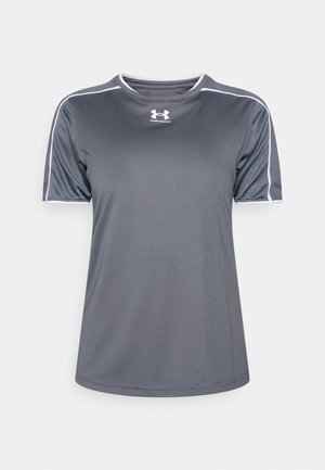 Gray athletic shirt made of a smooth, lightweight fabric. Features a crew neck, short sleeves, and white accents along the shoulders.