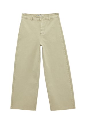 Beige Weitbein-Hose mit vorderem Knopf und Reißverschluss, Gürtelschlaufen und sichtbaren Nahtdetails auf weißem Hintergrund.