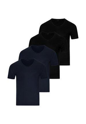 Zwei schwarze und zwei dunkelblaue V-Ausschnitt T-Shirts mit kurzen Ärmeln, paarweise abwechselnd angeordnet und von vorn gezeigt.