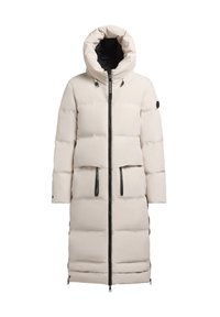 Long, light beige puffer coat with a high collar, zip closure, and black hardware. Features horizontal stitching and side pockets.