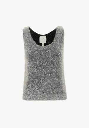 Pelēka bezpiedurknju augšdaļa, kas izgatavota no pūkaina, metāliski spīdīga dzijas, ar melnu iekšējo odere, piedāvā plata, apaļa laukuma kakla izgriezumu un nav redzamu aparatūras elementu.