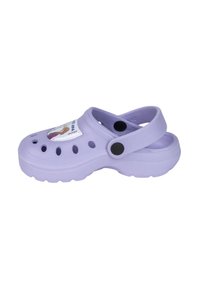 Purple clogs made of lightweight material, featuring ventilation holes, rear strap, and a decorative graphic on the top surface.
