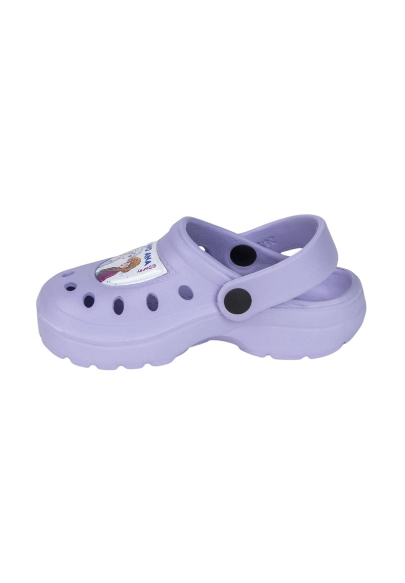 Purple clogs made of lightweight material, featuring ventilation holes, rear strap, and a decorative graphic on the top surface.