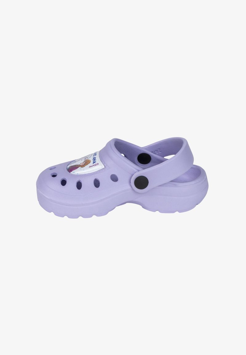 Purple clogs made of lightweight material, featuring ventilation holes, rear strap, and a decorative graphic on the top surface.