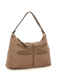 Borsa a mano in pelle marrone con un design di libellula scura sul davanti e una sola tracolla, mostrata su uno sfondo bianco.