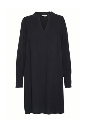 Schwarzes Kleid mit V-Ausschnitt und gerafftem Ausschnitt, langen Puffärmeln mit elastischen Bündchen, aus strukturiertem Stoff, knielang.