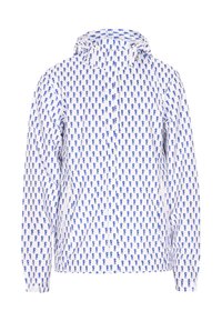 Giacca bianca con motivo a baffi blu ripetuto, dotata di cappuccio, maniche lunghe e chiusura frontale con zip. Materiale leggero.