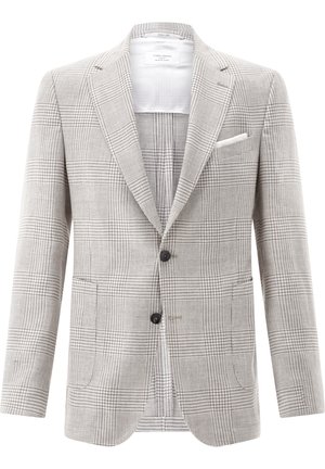 Hellgrauer karierter Blazer mit Kerbkragen, zwei vorderen Knöpfen, aufgesetzten Taschen und einem weißen Einstecktuch in der Brusttasche.