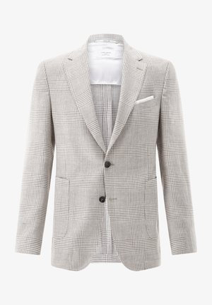 Hellgrauer karierter Blazer mit Kerbkragen, zwei vorderen Knöpfen, aufgesetzten Taschen und einem weißen Einstecktuch in der Brusttasche.