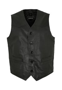 Schwarze Lederweste mit einem V-Ausschnitt, sechs Knopfverschlüssen, zwei Vorder pockets und einer glatten Textur. Etikett: Maddox.