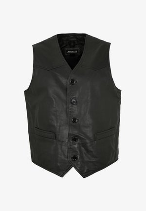 Schwarze Lederweste mit einem V-Ausschnitt, sechs Knopfverschlüssen, zwei Vorder pockets und einer glatten Textur. Etikett: Maddox.