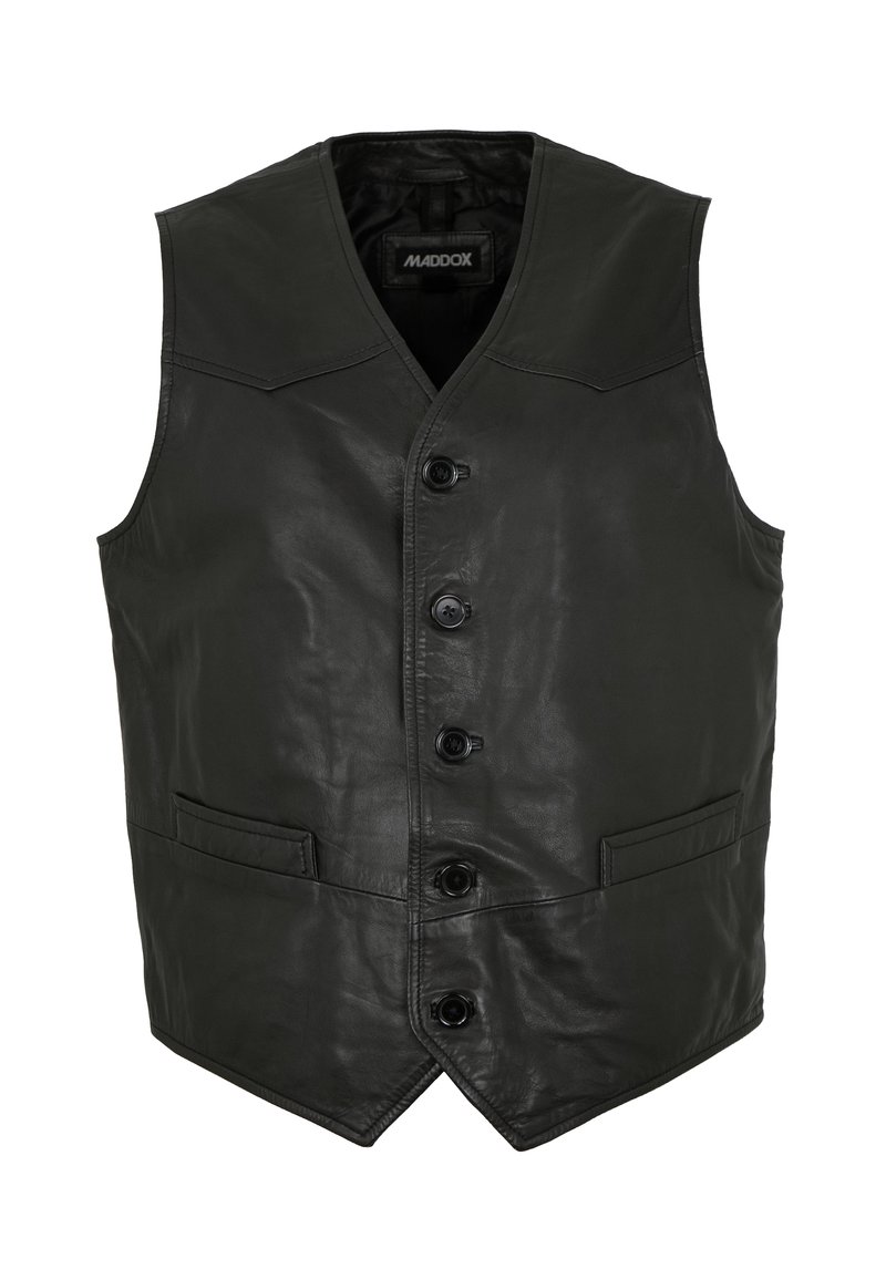 Schwarze Lederweste mit einem V-Ausschnitt, sechs Knopfverschlüssen, zwei Vorder pockets und einer glatten Textur. Etikett: Maddox.