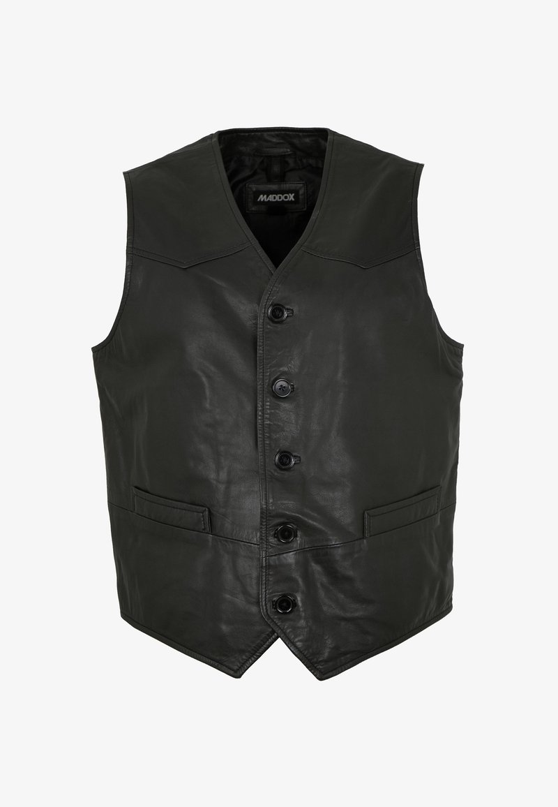Schwarze Lederweste mit einem V-Ausschnitt, sechs Knopfverschlüssen, zwei Vorder pockets und einer glatten Textur. Etikett: Maddox.