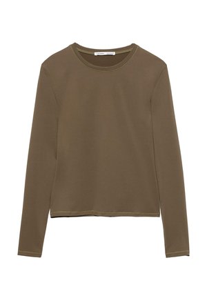 Dlouhý rukáv top vyrobený z hladké, elastické látky olivově zelené barvy. Má kulatý výstřih a kontrastní prošití na okrajích.